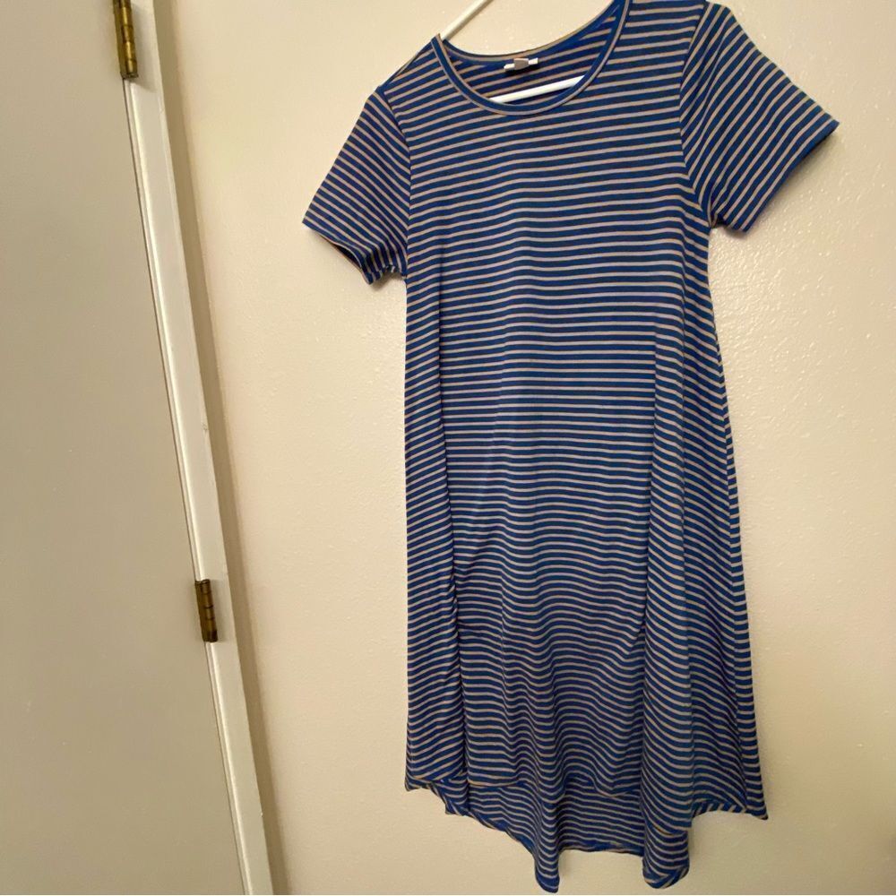 LuLaRoe t shirt dress stretch blue stripe crew neck hi low modest XS